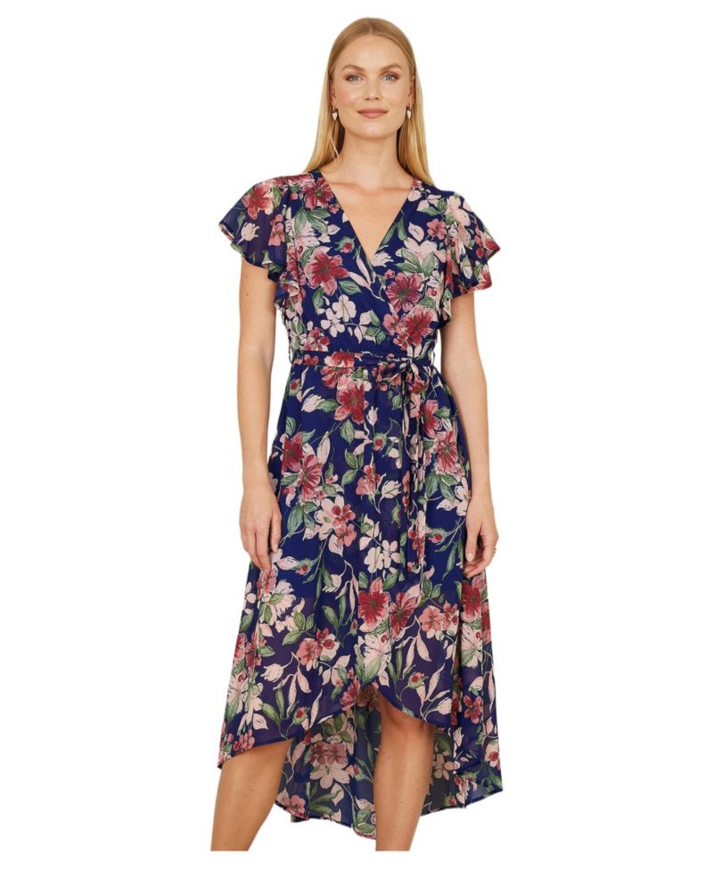 Women's Floral Wrap Midi Dress With Frill Hem