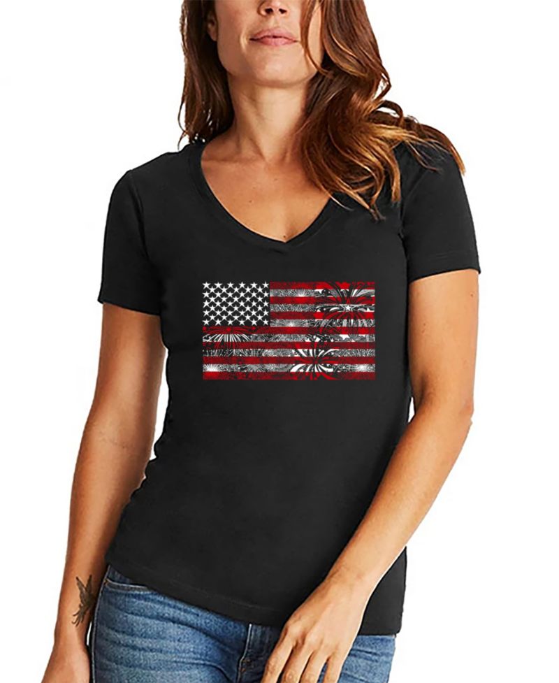 Women's Fireworks American Flag V-neck T-shirt