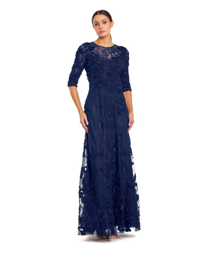 Women's High Neck Embellished Lace Gown with 3/4 Sleeves
