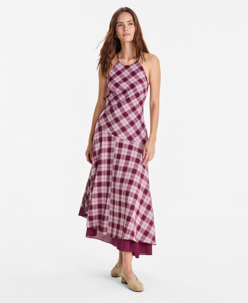 Plus size Cotton Plaid Cami-Strap Asymmetric Dress