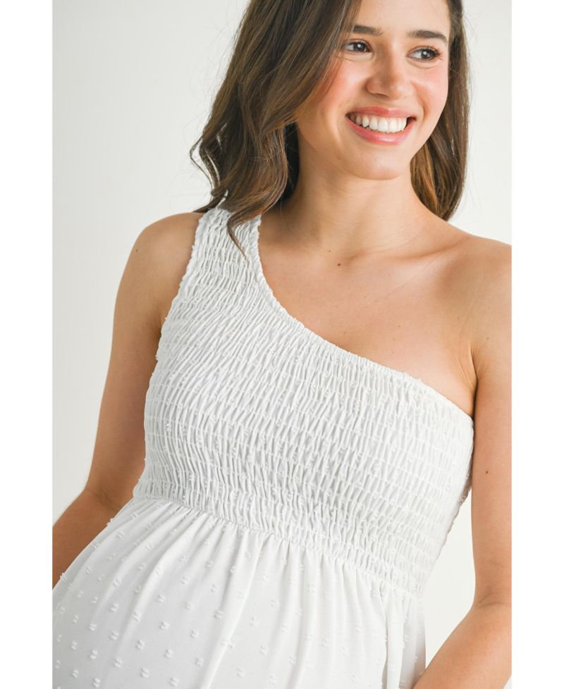 Women's One-Shoulder Smocked Swiss Dot Midi Dress