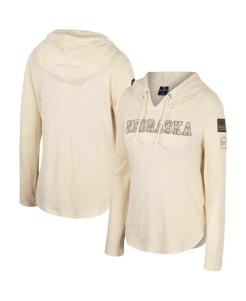 Women's Cream Nebraska Huskers OHT Military Appreciation Casey Raglan Long Sleeve Hoodie T-Shirt