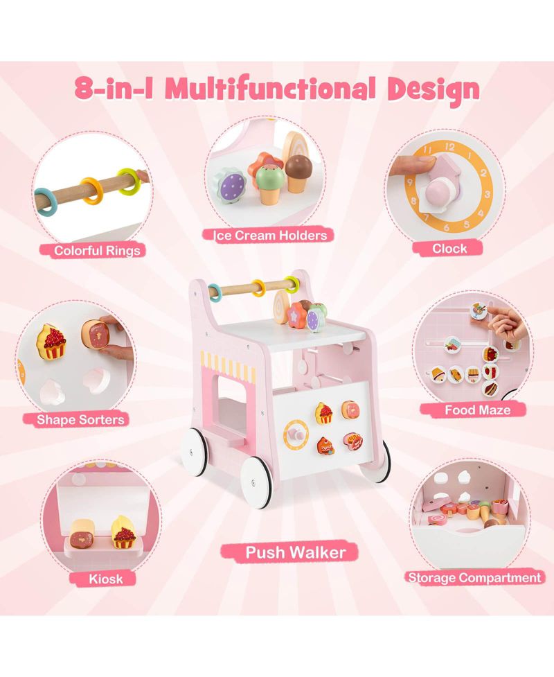 Wooden Baby Walker Ice Cream Cart Toy with Sweet Accessories & Smooth Wheels