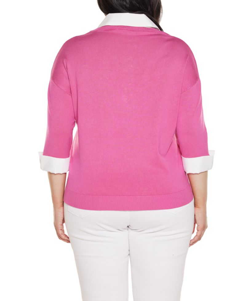 Plus Size Woven-Collar Twofer Sweater
