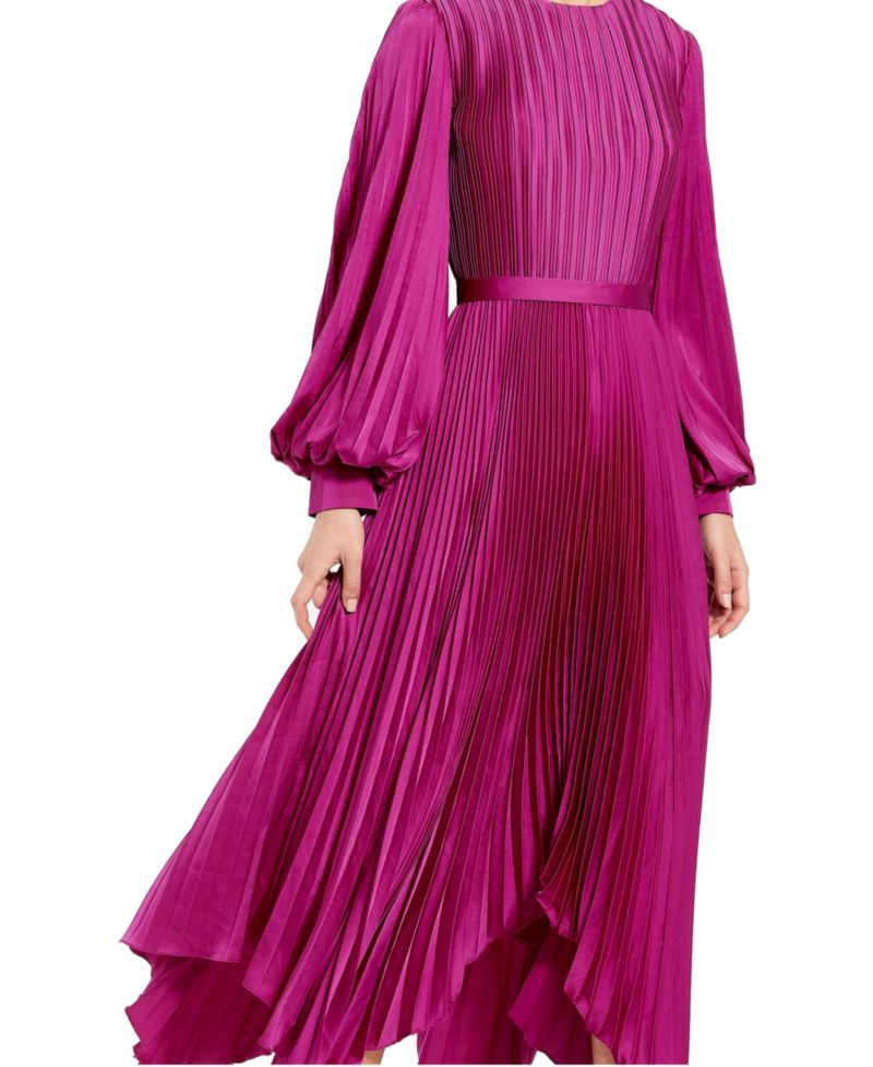 Women's Long Sleeve Pleated Charmeuse Handkerchief Midi Dress