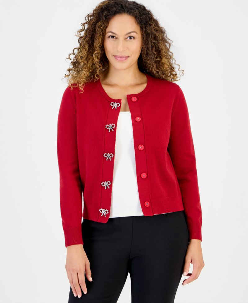 Petite Crewneck Embellished Bow Snaps Cardigan