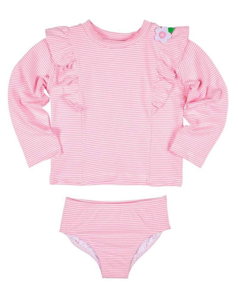 Toddler Girls Stripe Seersucker Rashguard Swimsuit with Flower