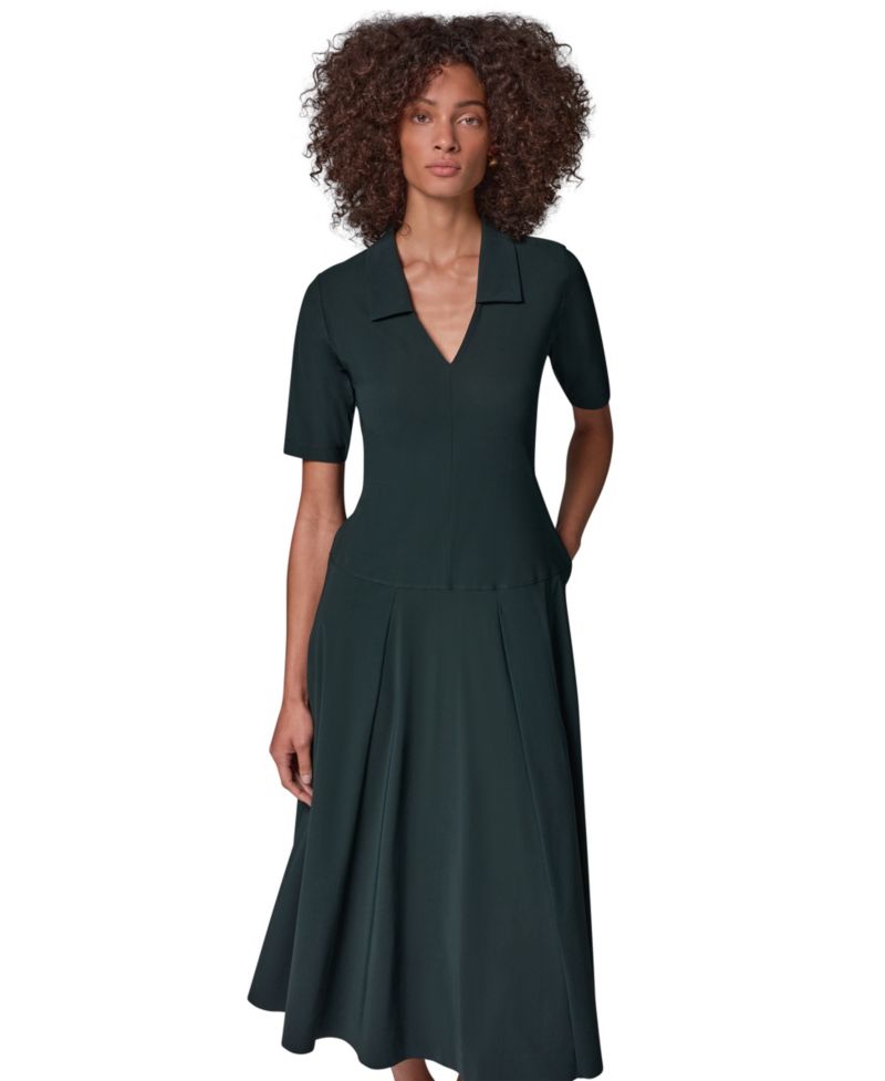 Women's V-Neck A-Line Midi Dress with Pockets