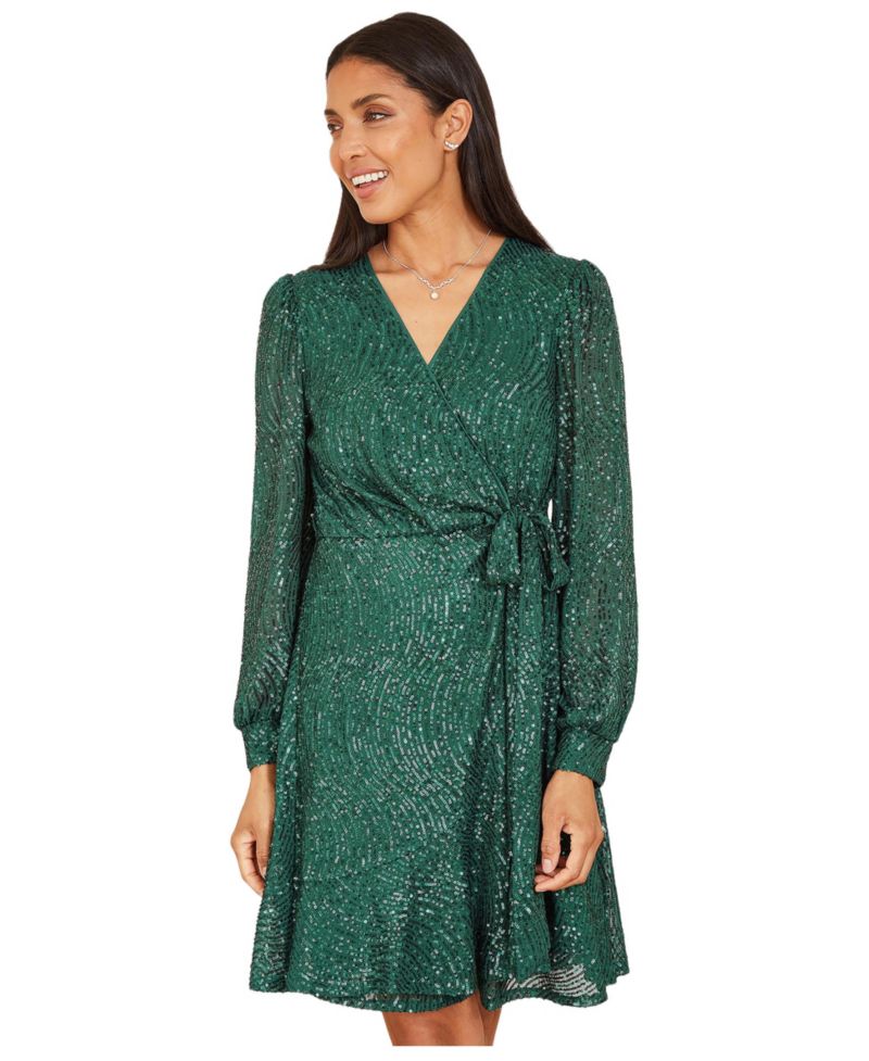 Women's Sequin Long Sleeve Frill Wrap Dress