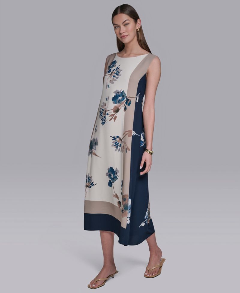 Women's Sleeveless Self-Belt Floral Printed Midi Dress