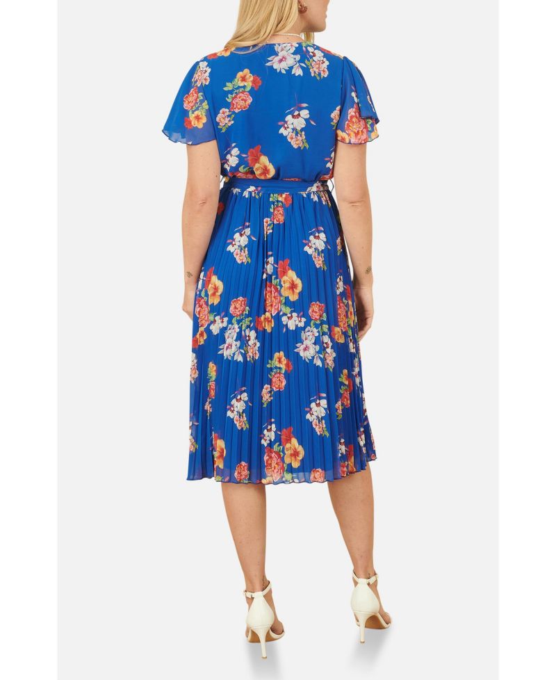 Women's Pleated Floral Tie-Waist Wrap Midi Dress