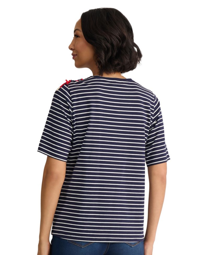 Women's Short Sleeve Striped Shoulder Tie Detail Top