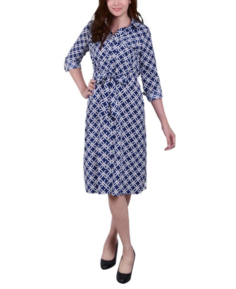 Petite Geometric Printed Long Sleeve Roll Tab Shirtdress