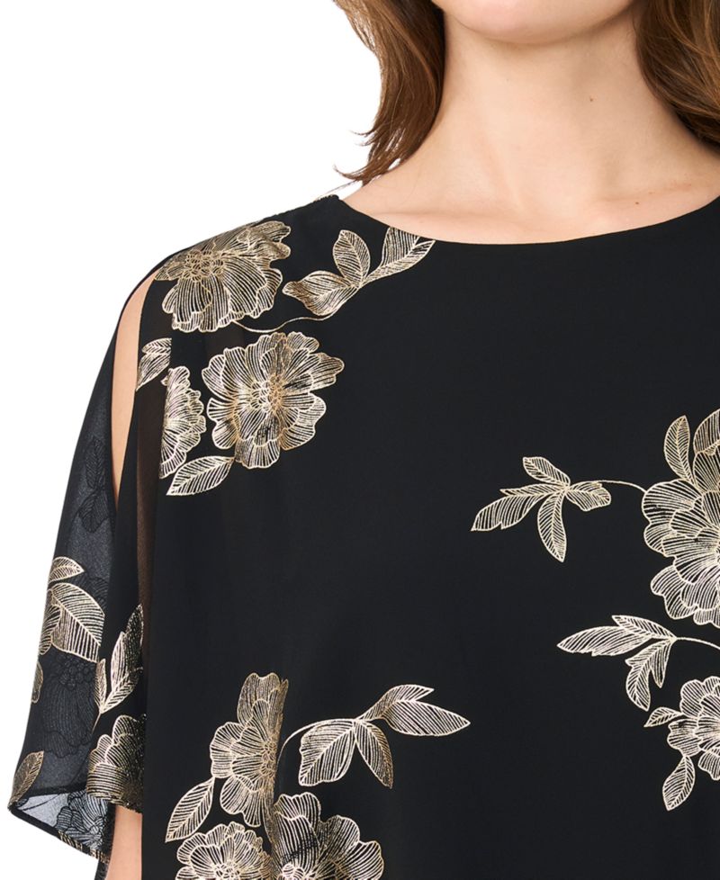 Women's Foil Floral-Print Cold-Shoulder Cape-Sleeve Top