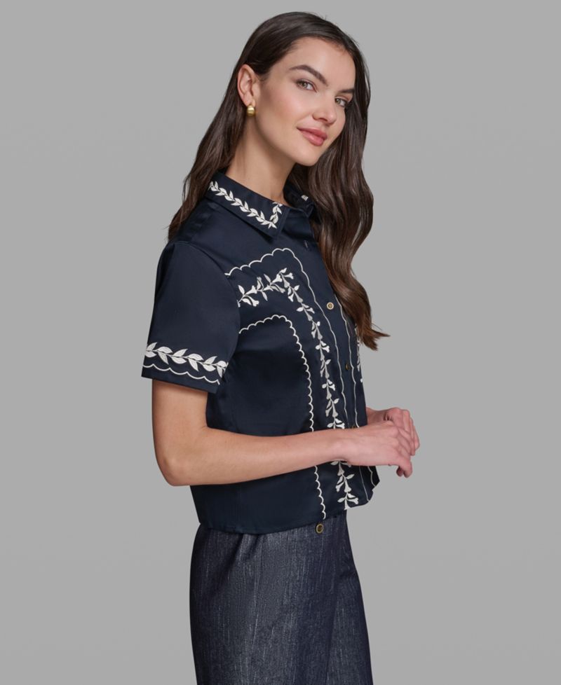 Petite Floral Embroidered Short-Sleeve Shirt