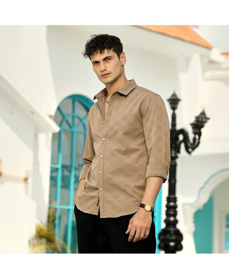 Men's Ash Brown Grid-Check Tactile Shirt