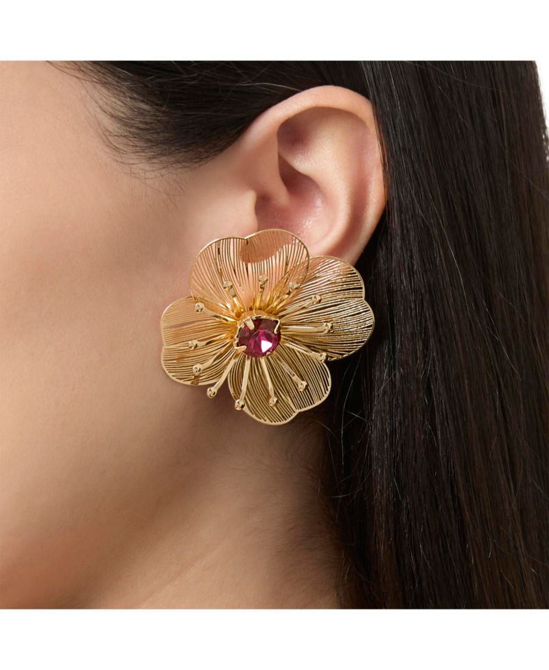 Filigree Flower Stud Earrings with Crystal Center