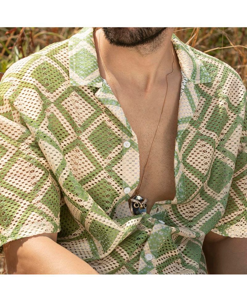 Men's Grass Green & Pale Yellow Geometric Block Oversized Shirt
