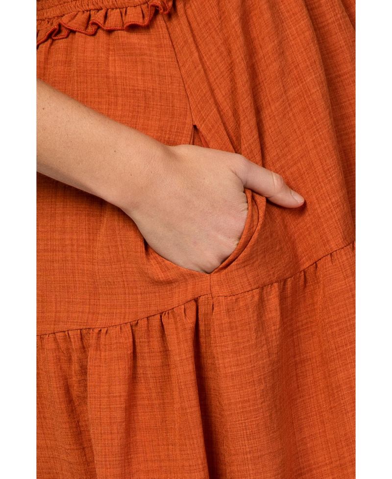 Women's Rust Bow Strap Tiered Midi Dress