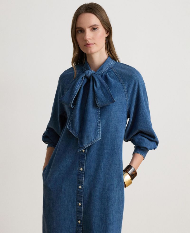 Women's Denim Tie-Neck Midi Shirtdress
