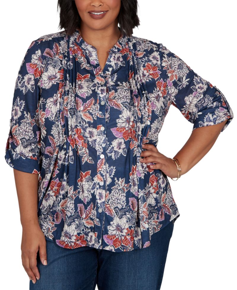 Plus Size Kensington Henley 3/4-Sleeve Floral Blouse