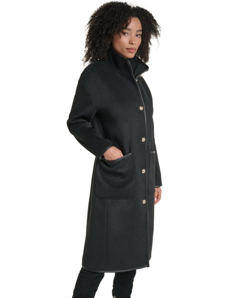 Women's Wool-Blend Faux-Leather Trimmed Funnel Neck Long Coat