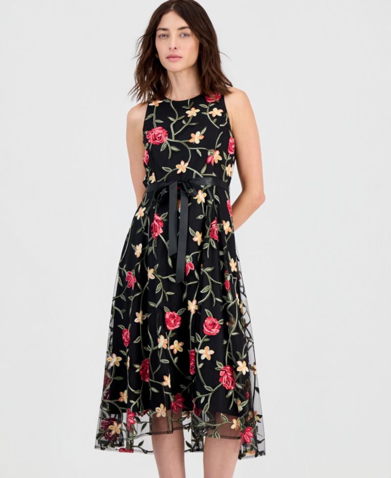 Women's Embroidered Belted Sleeveless Dress