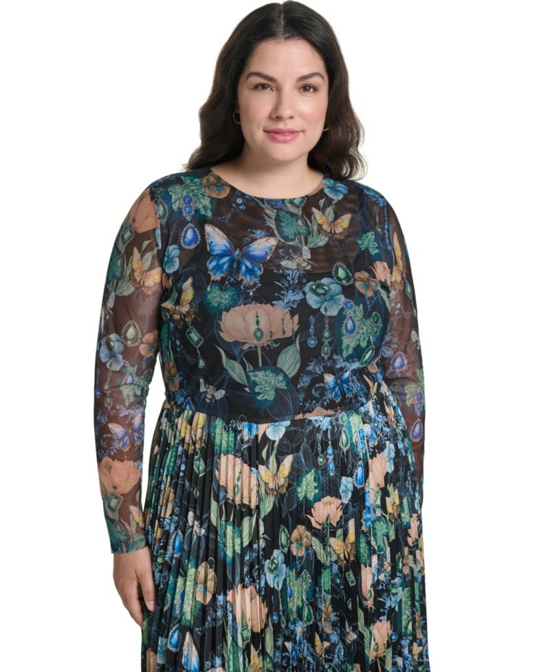 Plus Size Mixed Media Mesh Long-Sleeve Dress