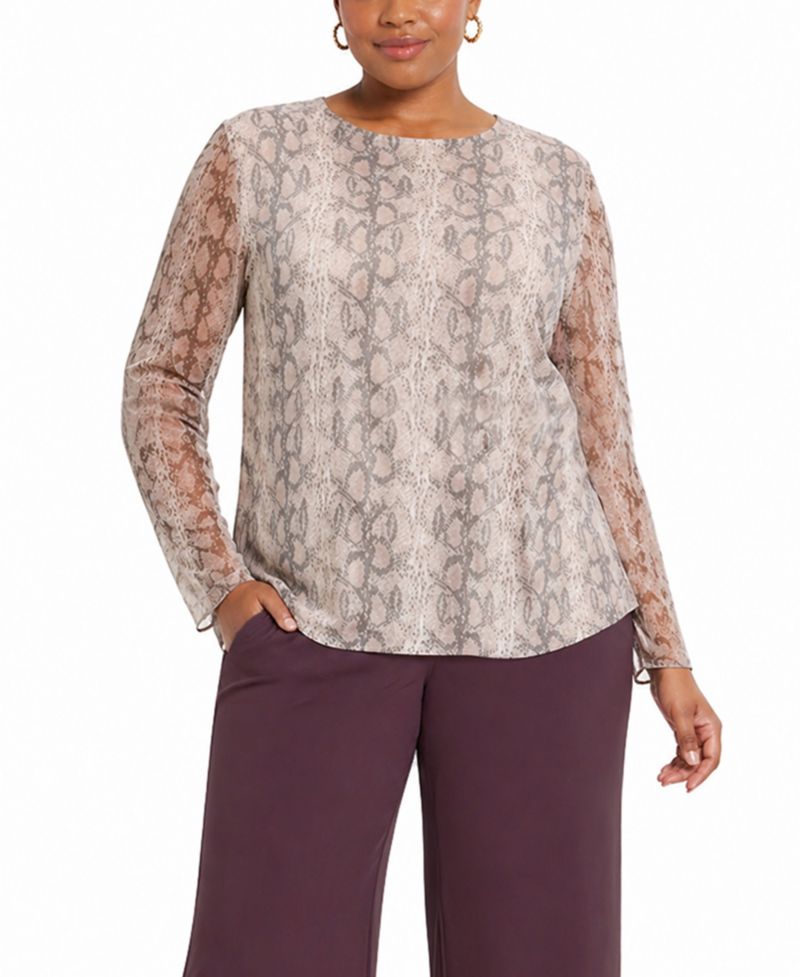 Plus Size Python Mesh Long-Sleeve Top