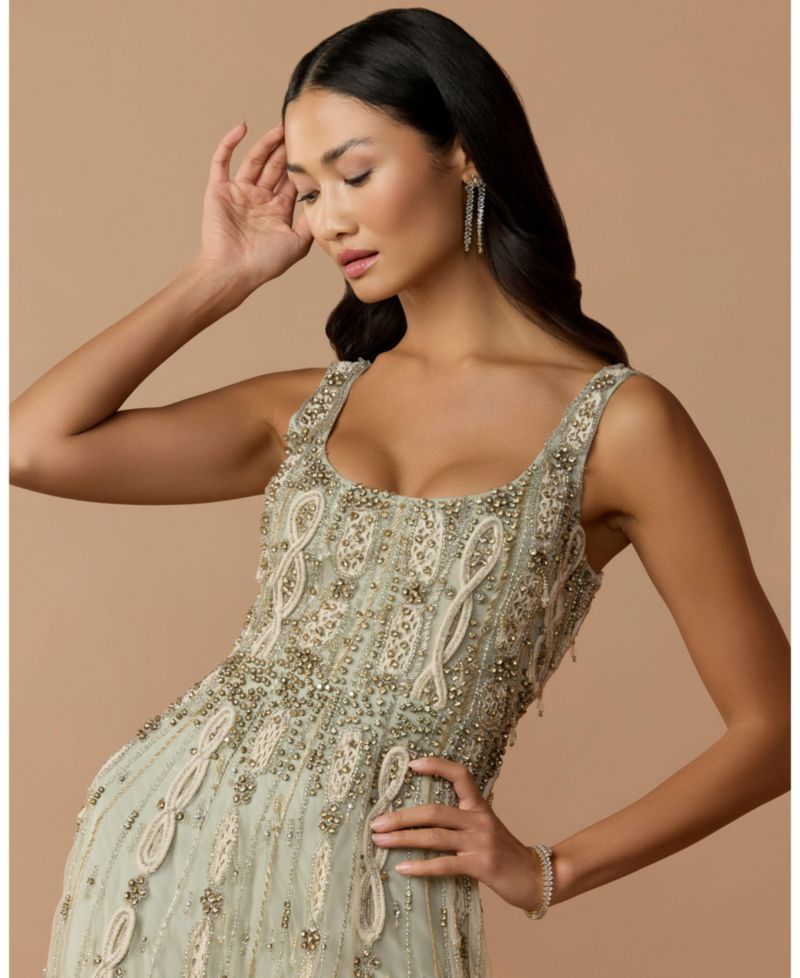 Petite Embellished Scoop Neck Mesh Midi Dress