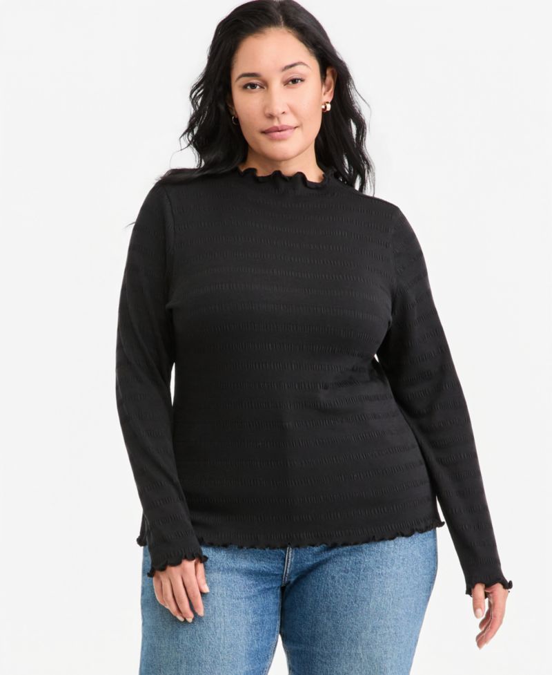 Plus Size Long-Sleeve Funnel Neck Puckered-Rib Top