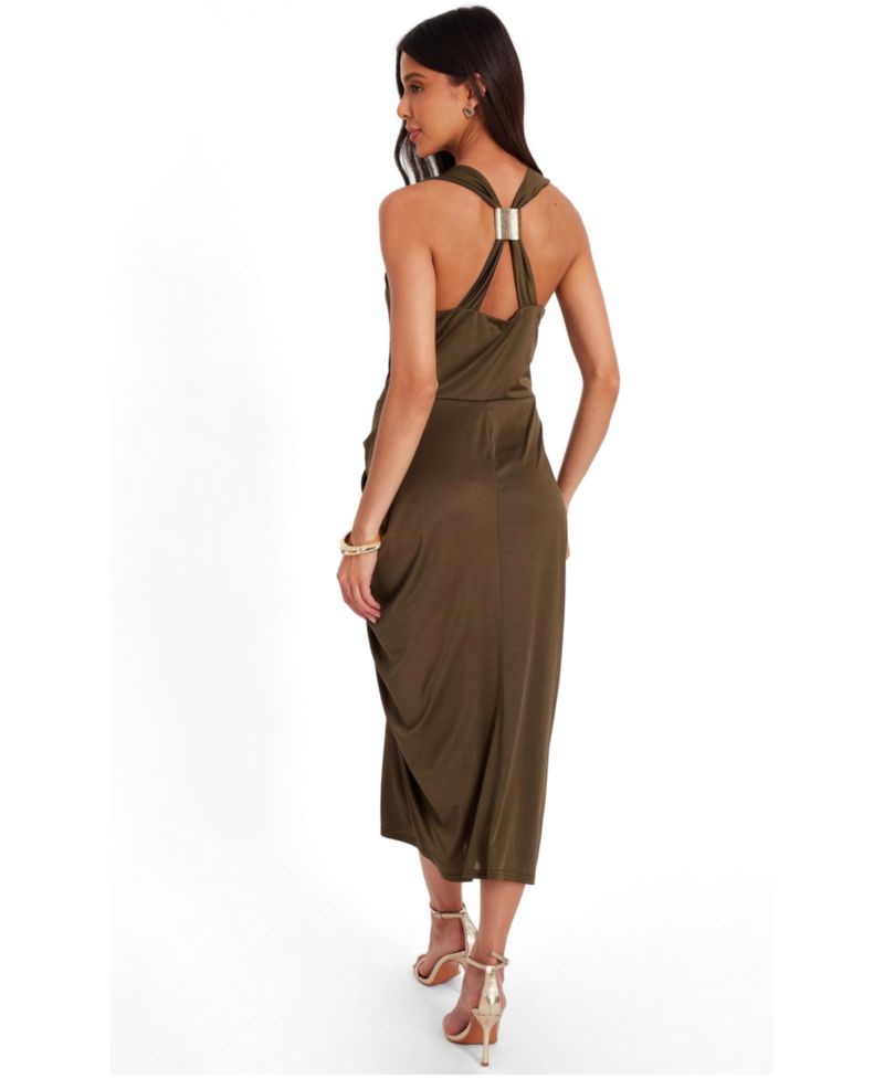 Women's Cowl Neck Ruched Hardware Midi Dress