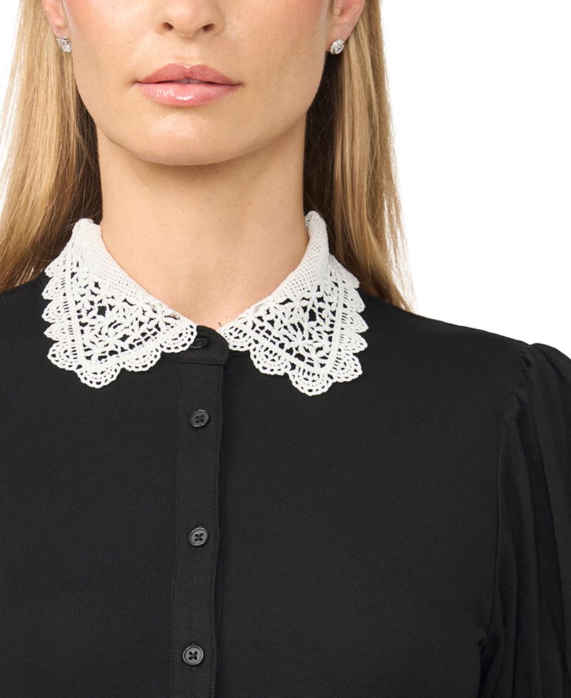 Women's Short Puff-Sleeve Scallop-Trim Button-Up Blouse