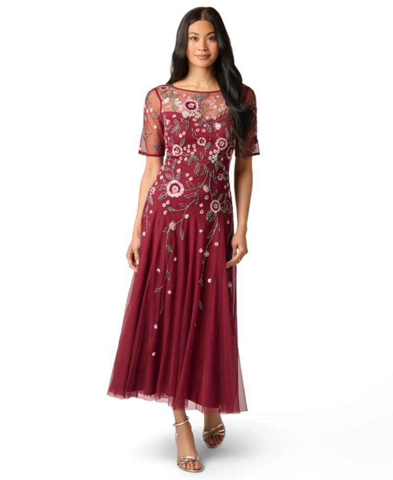 Petite Beaded Mesh Bateau Neck Ankle Dress