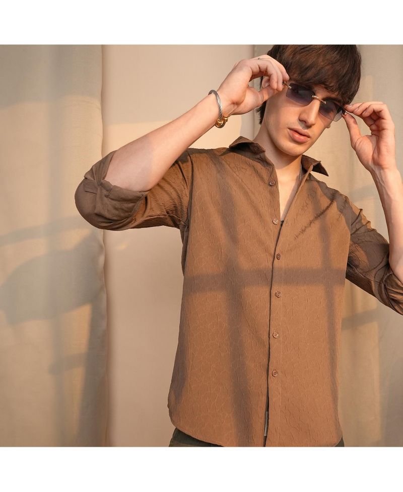 Men's Ash Brown Veined-Textured Shirt