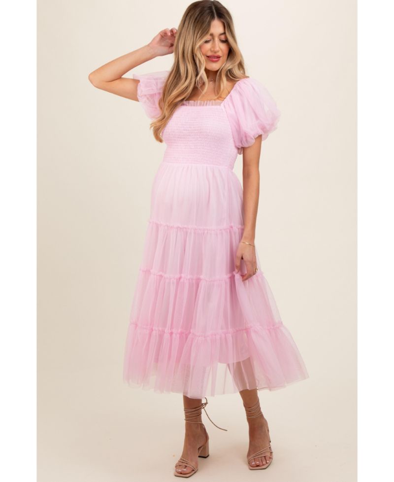 Women's Light Pink Smocked Tiered Tulle Midi Dress