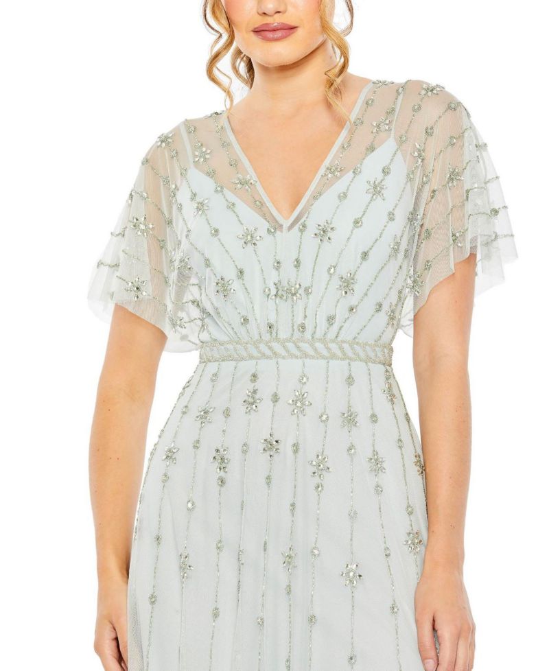 Women's V-Neck Embellished Flutter Sleeve A Line Gown
