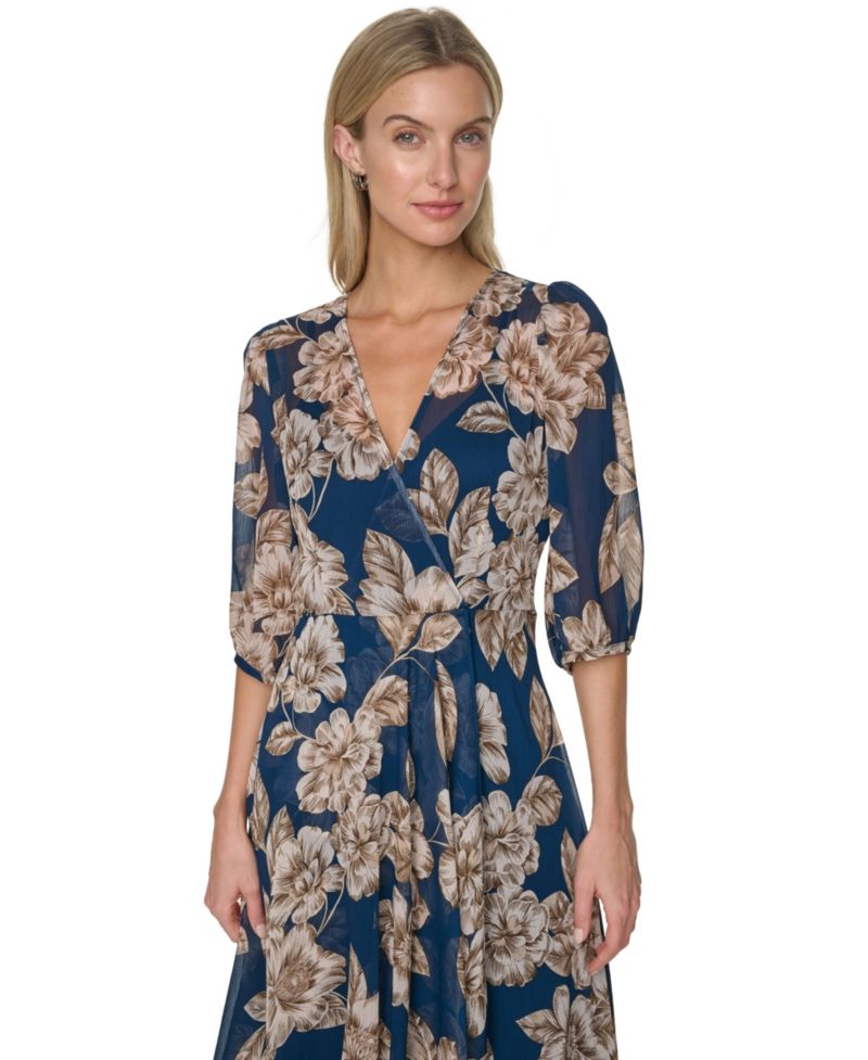 Women's Floral Chiffon V-Neck Midi Dress
