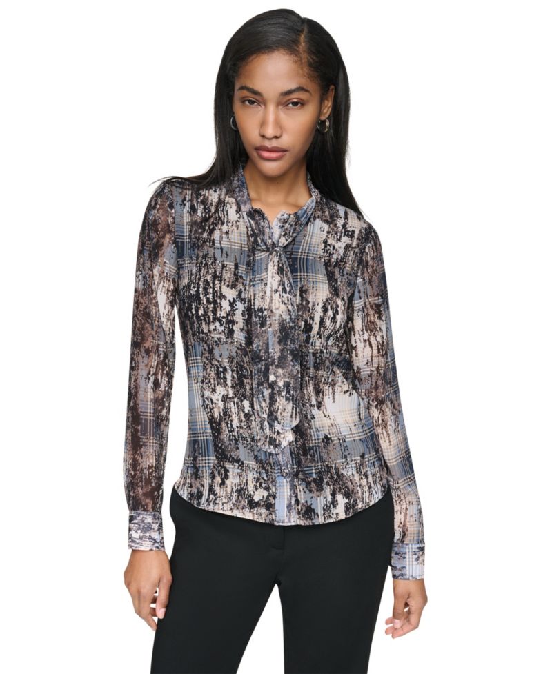 Women's Tie-Neck Long-Sleeve Crinkle Chiffon Blouse