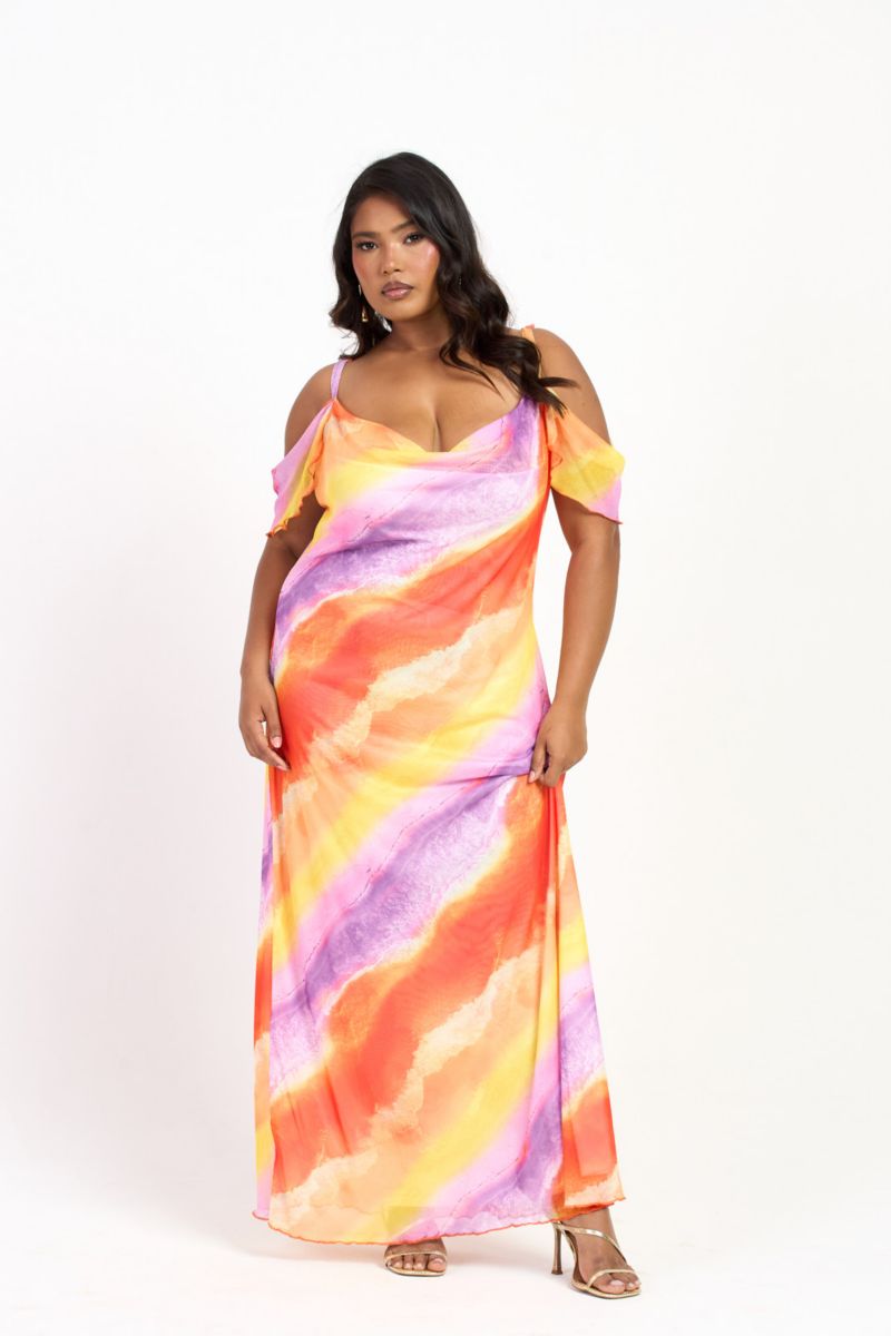 Women's Cold Shoulder Marble Print Maxi Dress