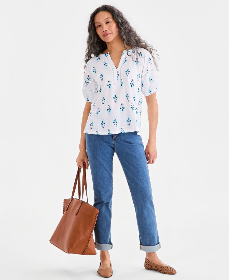 Petite Elbow-Length Sleeve Split Neck Top