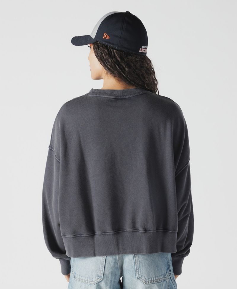 Women's Navy Houston Astros Boxy Mineral Wash Dolmen Sleeve Cropped Sweatshirt