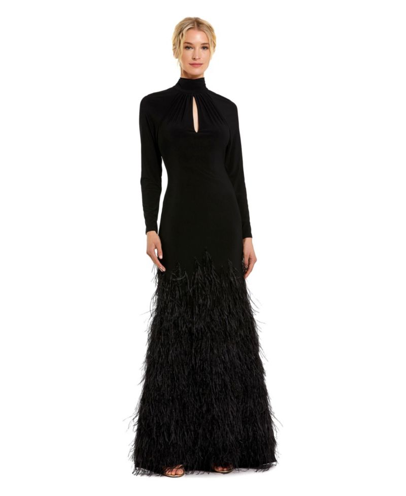 Women's Jersey Long Sleeve High Neck Feather Gown