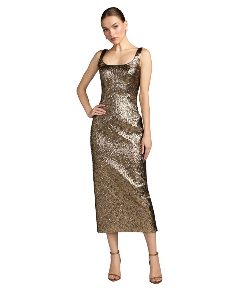 Women's Long Sleeve Pleated Charmeuse Handkerchief Midi Dress