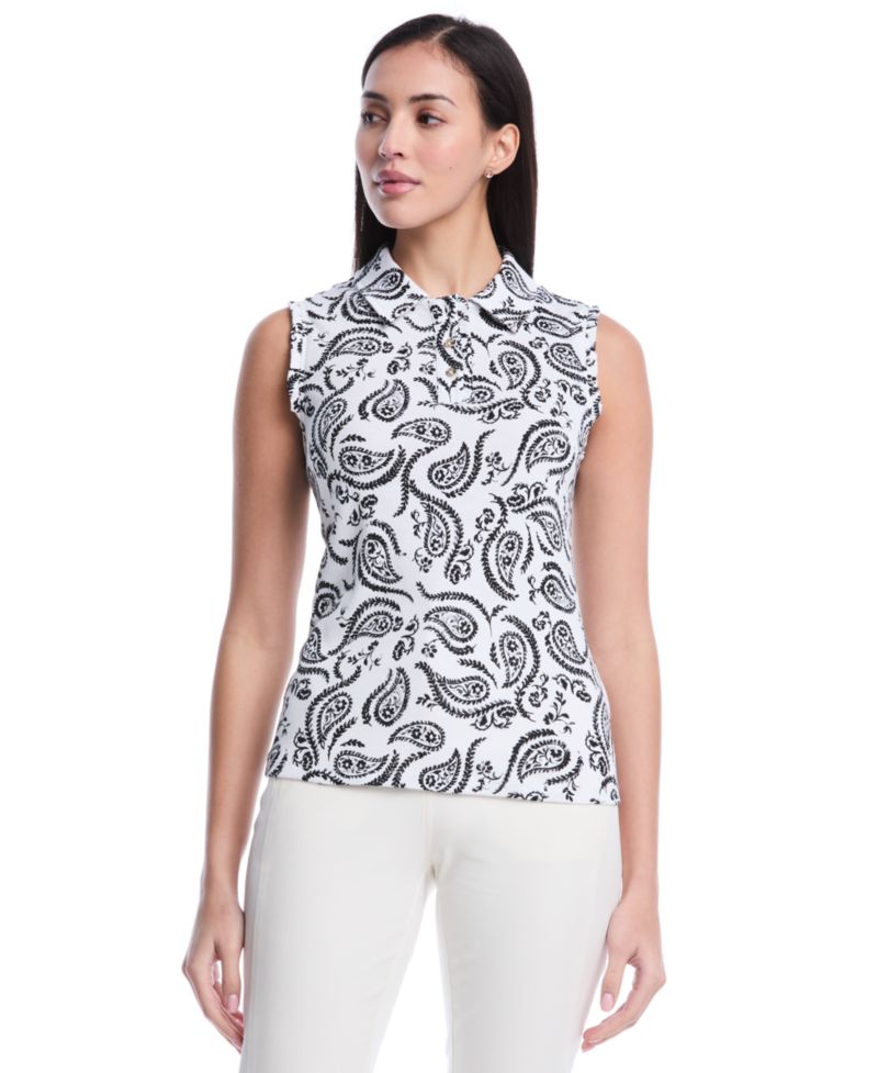 Petite Paisley Print Ruffle Trim Sleeveless Polo Shirt