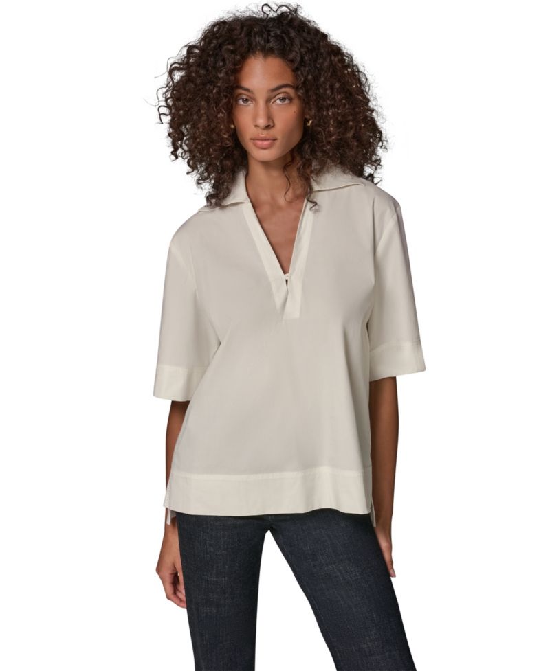 Women's Poplin Short-Sleeve V-Neck Collared Blouse