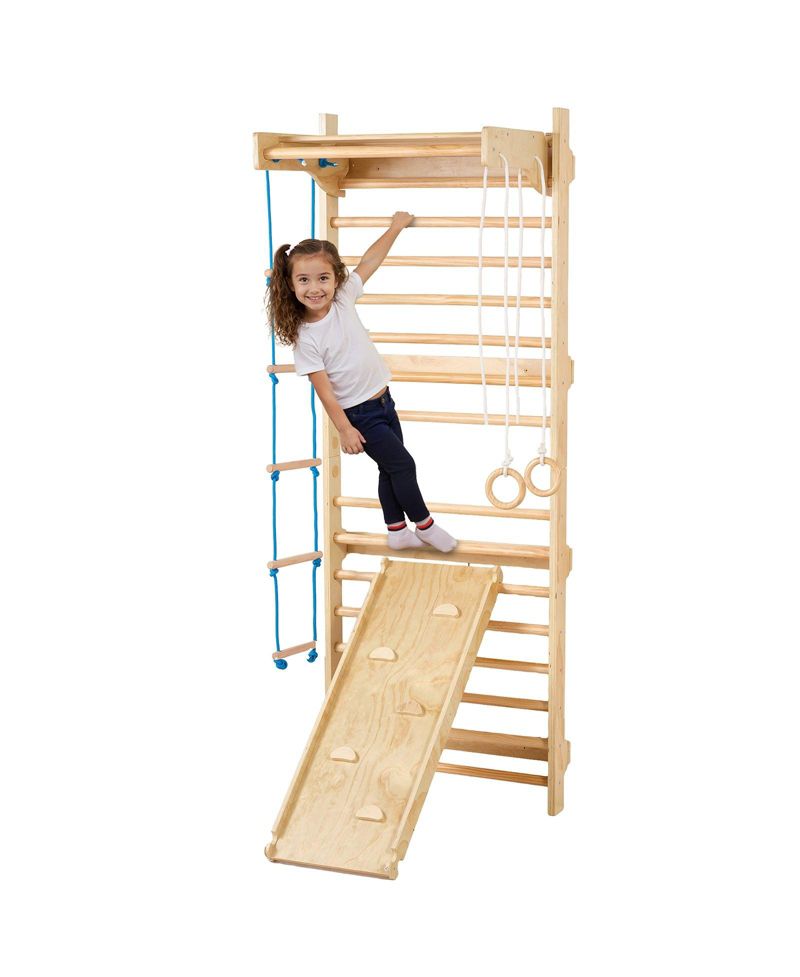 Kids Indoor Playground 5 in 1 Wooden Wall Gym with Swedish Ladder and Slide