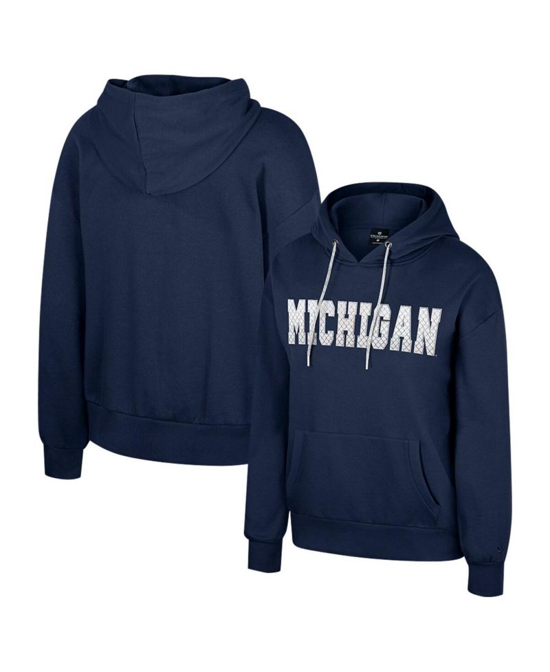 Women's Navy Michigan Wolverines Reflection Rhinestone Drawcord Pullover Hoodie