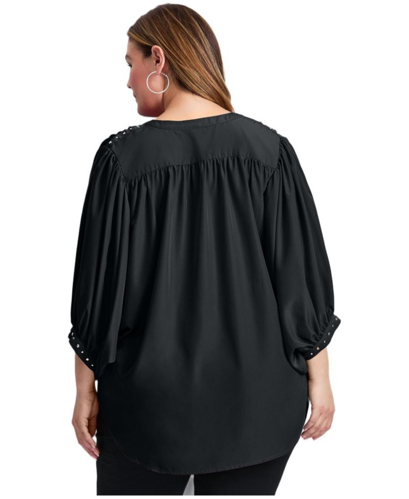 Women's Plus Size Studded Blouson Sleeve Blouse Tops