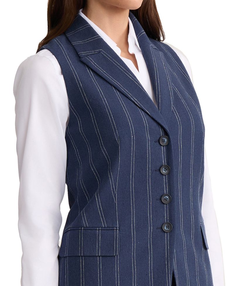 Petite Double Pinstripe Peak Lapel Linen Collar Vest